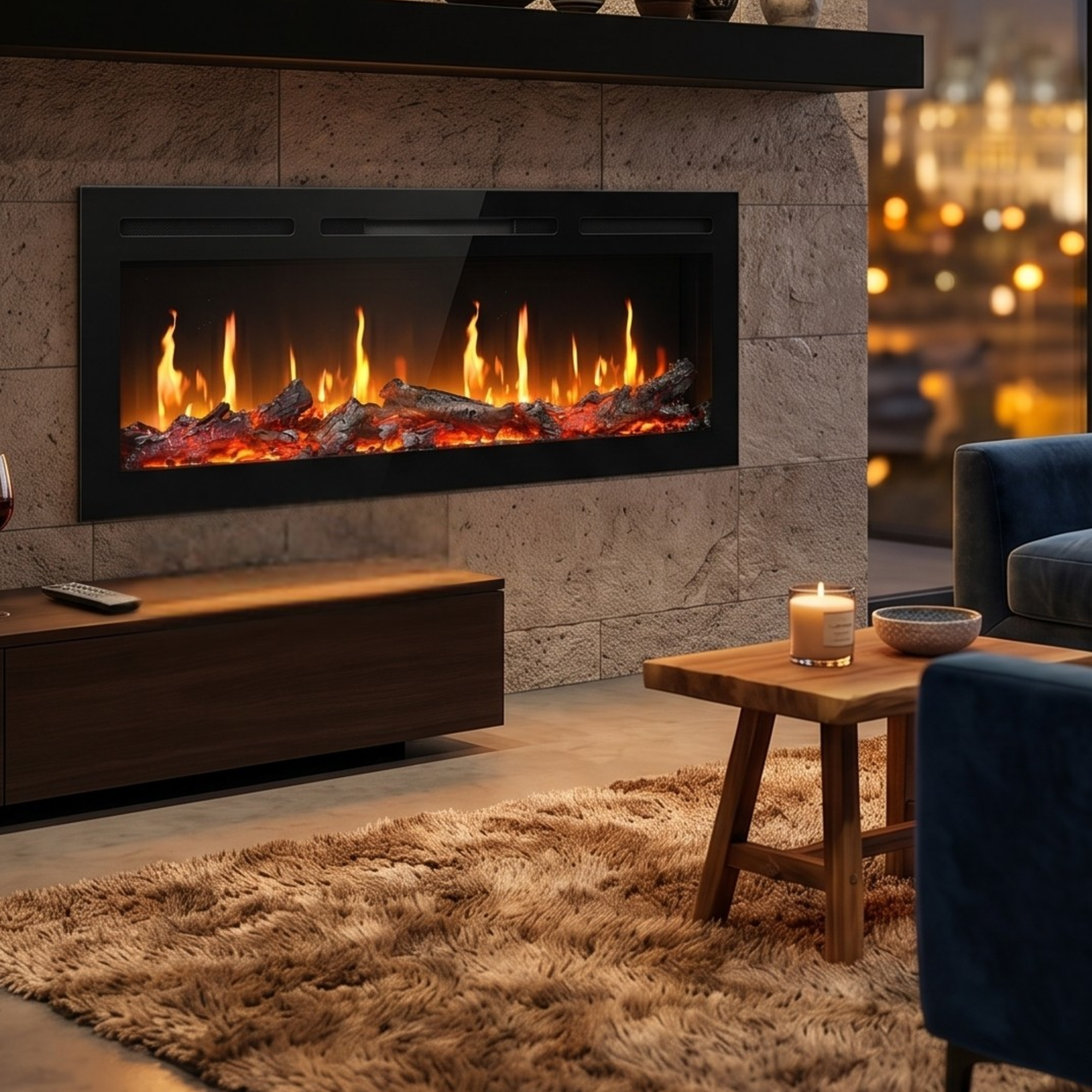 Semineu Electric Incorporabil Premium cu Ecran LCD HD, Flacari Ultra-Realiste, Sunet Autentic, Negru