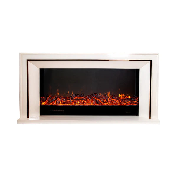 Semineu Electric din Lemn Masiv Stejar Alb Ivory cu Insertie Bronz-Auriu, cu Functie Incalzire, Telecomanda