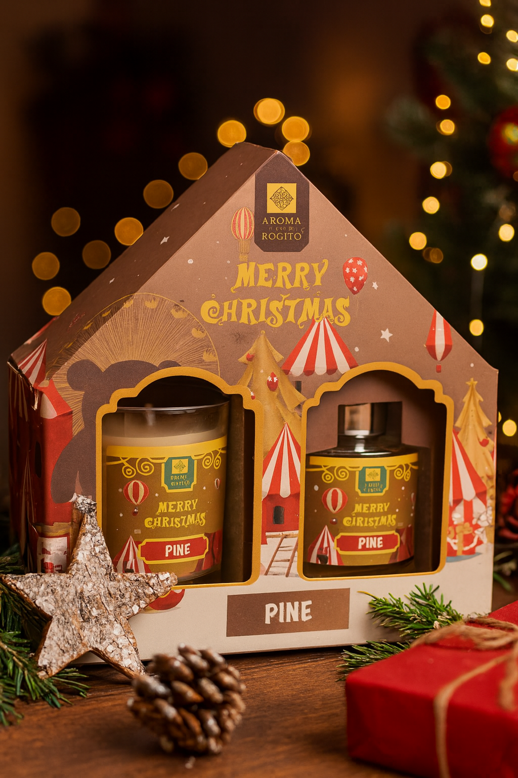 Set cadou Pine, Aroma de brad natural, Lumanare parfumata si Difuzor cu betisoare