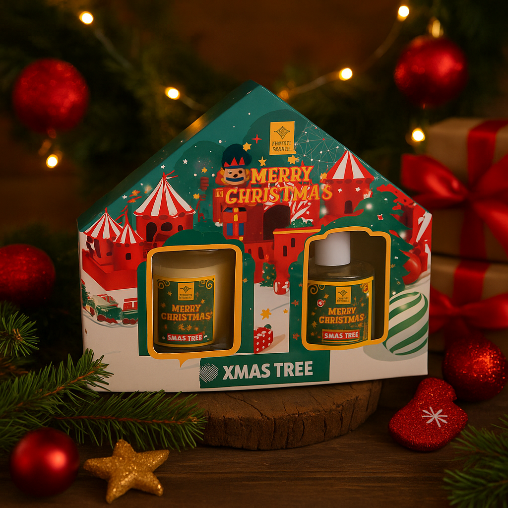 Set cadou Xmas Tree, Aroma de brad, Lumanare parfumata si Difuzor cu betisoare