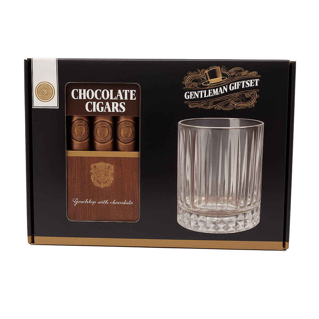 Set Cadou Gentleman Giftset, Trabucuri din Ciocolata, Pahar Premium pentru Bauturi Fine