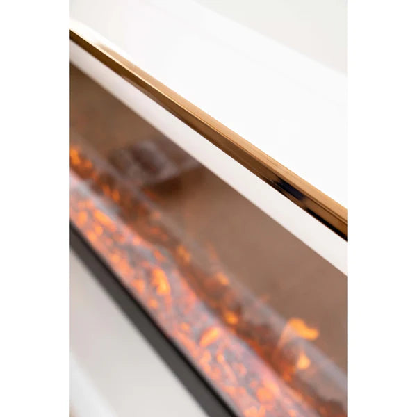 Semineu Electric din Lemn Masiv Stejar Alb Ivory cu Insertie Bronz-Auriu, cu Functie Incalzire, Telecomanda