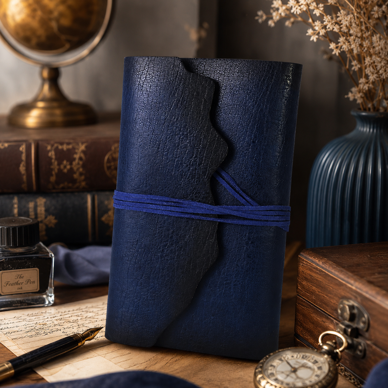 Jurnal Vintage cu Coperta din Piele Ecologica Texturata si Inchidere cu Snur, Albastru