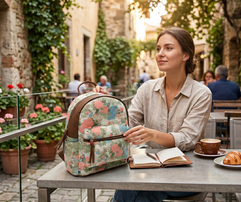 Rucsac Dama din Material Textil si Piele Ecologica, Imprimeu Spring Flowers