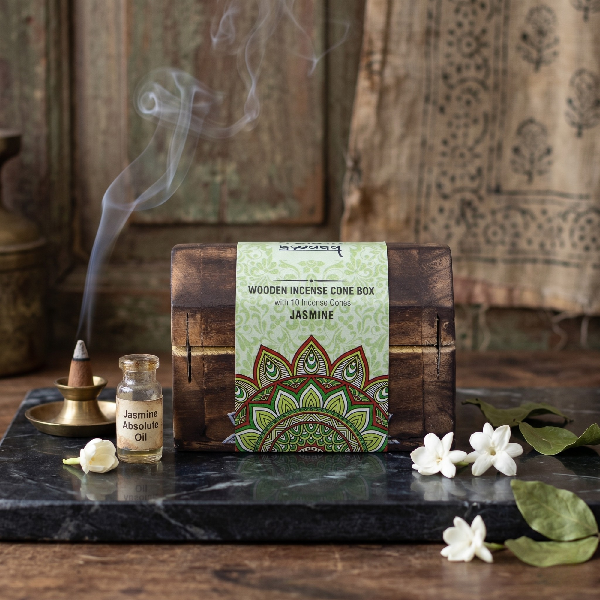 Set Cutie de Lemn cu 10 Conuri Parfumate și Suport, Jasmine - Karma Scents