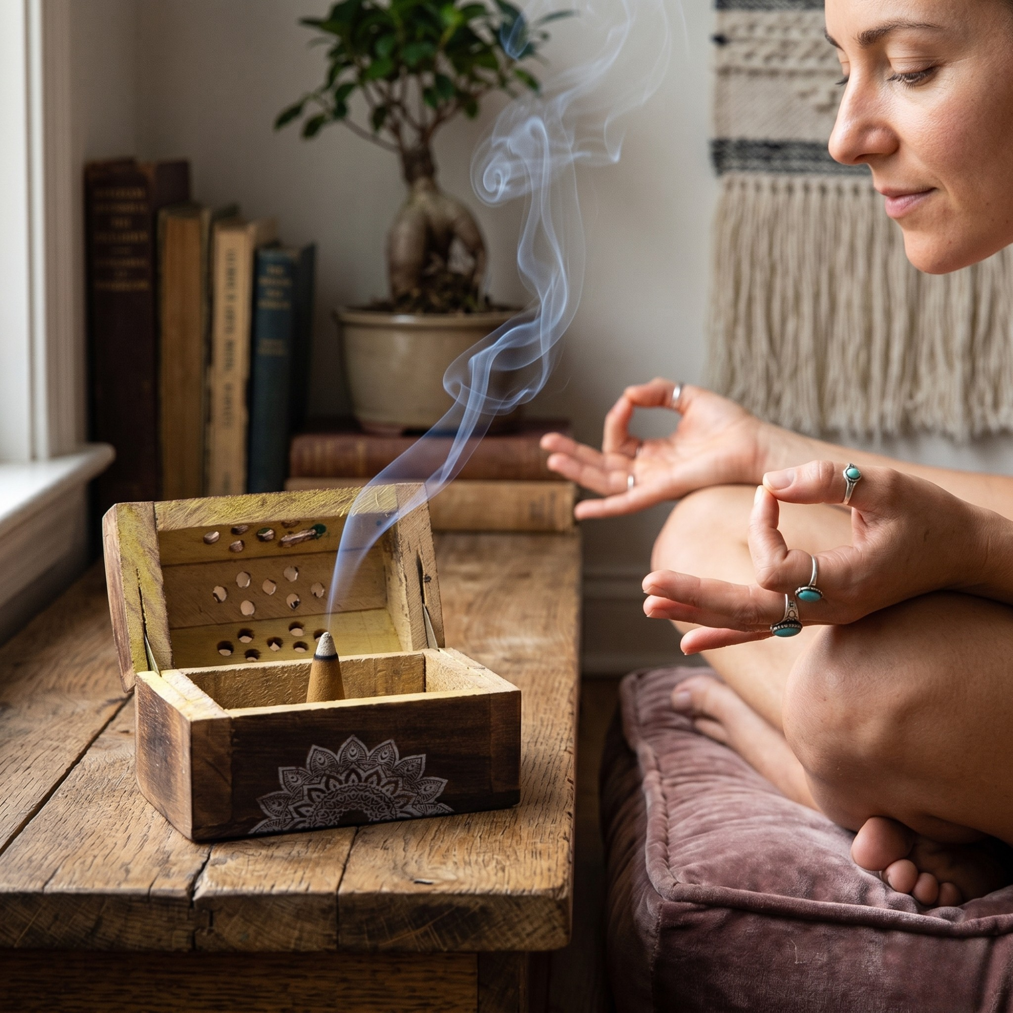 Set Cutie de Lemn cu 10 Conuri Parfumate și Suport, Patchouli - Karma Scents