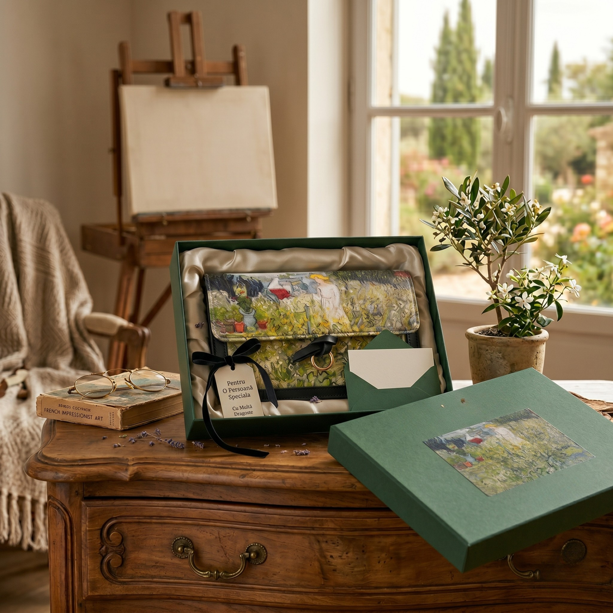 Geanta Dama tip plic de umar, din piele ecologica si material textil, model pictat Van Gogh, Verde