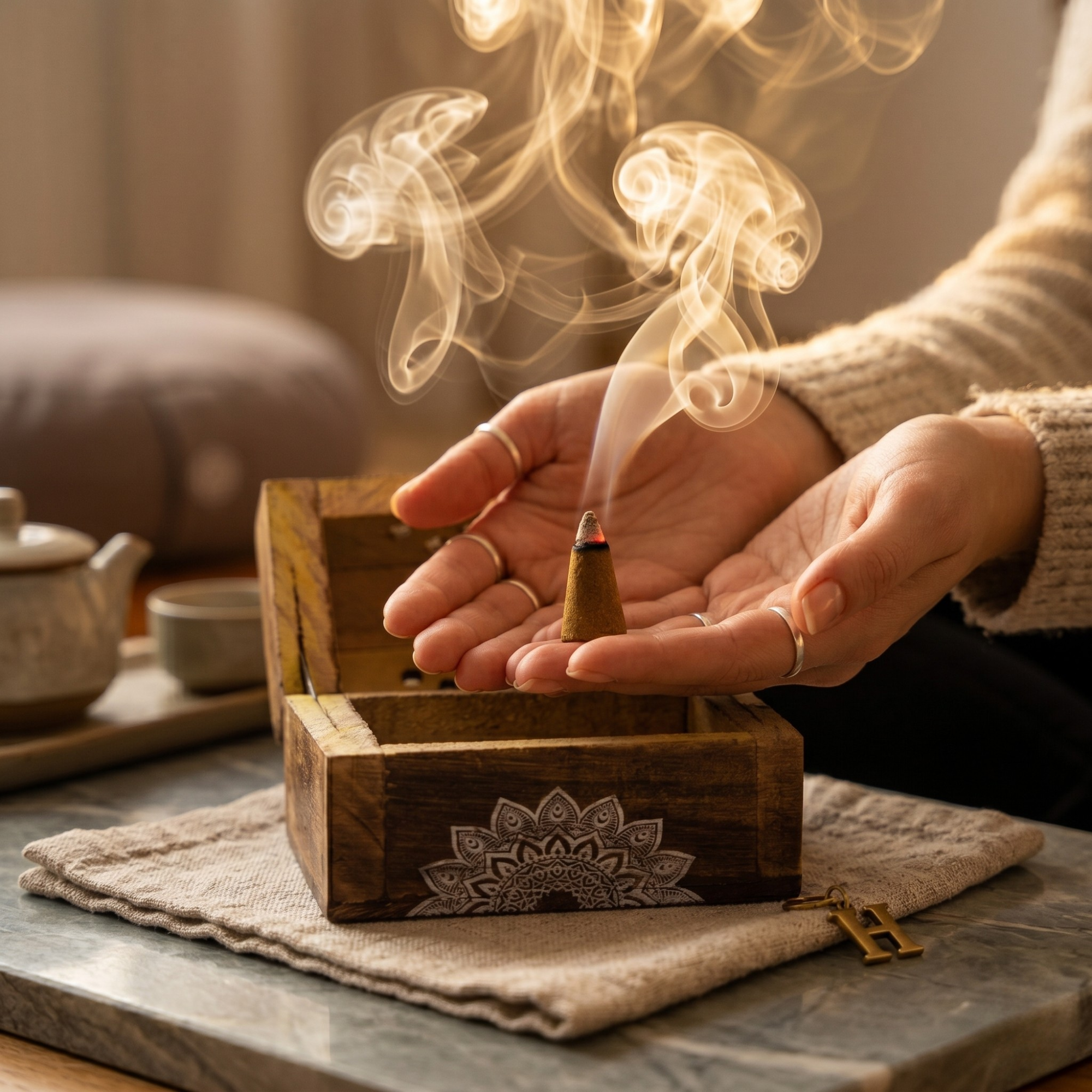 Set Cutie de Lemn cu 10 Conuri Parfumate și Suport, Sandalwood - Karma Scents