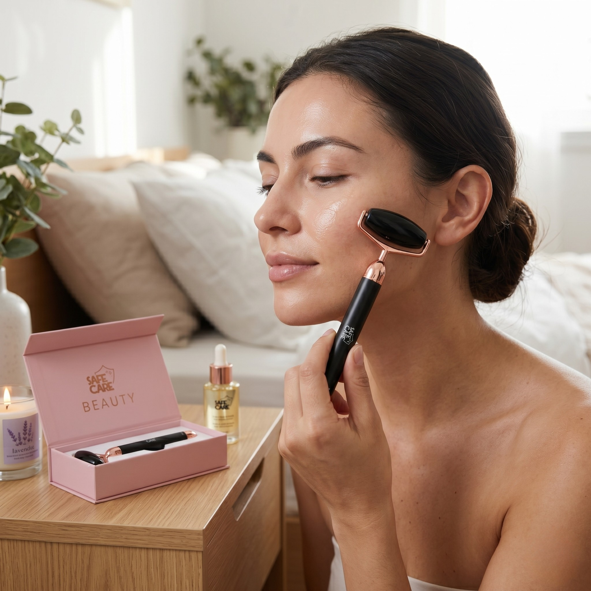 Roller Electric de Masaj Facial cu Vibratii, din Obsidian Negru