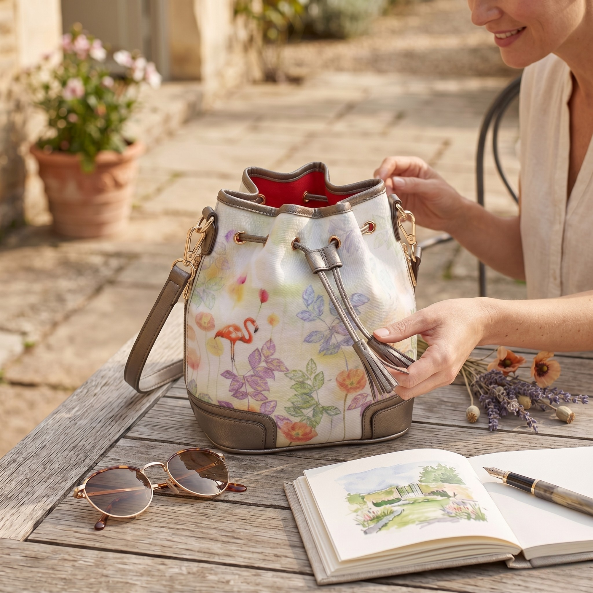 Rucsac din Piele Ecologica si Material Textil, Imprimeu Flamingo