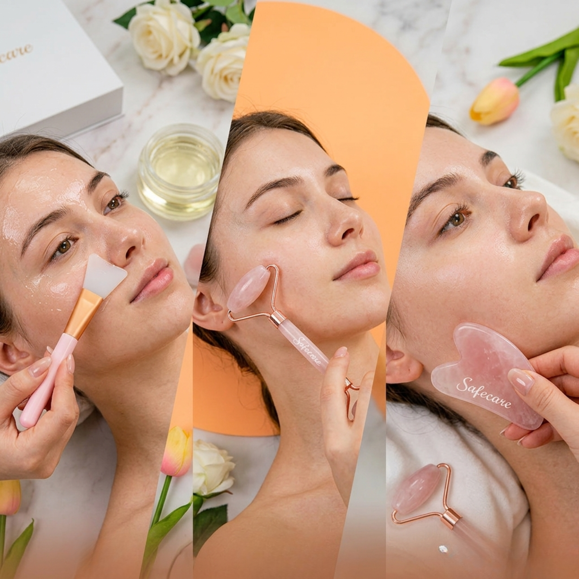Set Roller, Aplicator Crema si Piatra Gua Sha din Cuart Roz pentru Masaj Facial