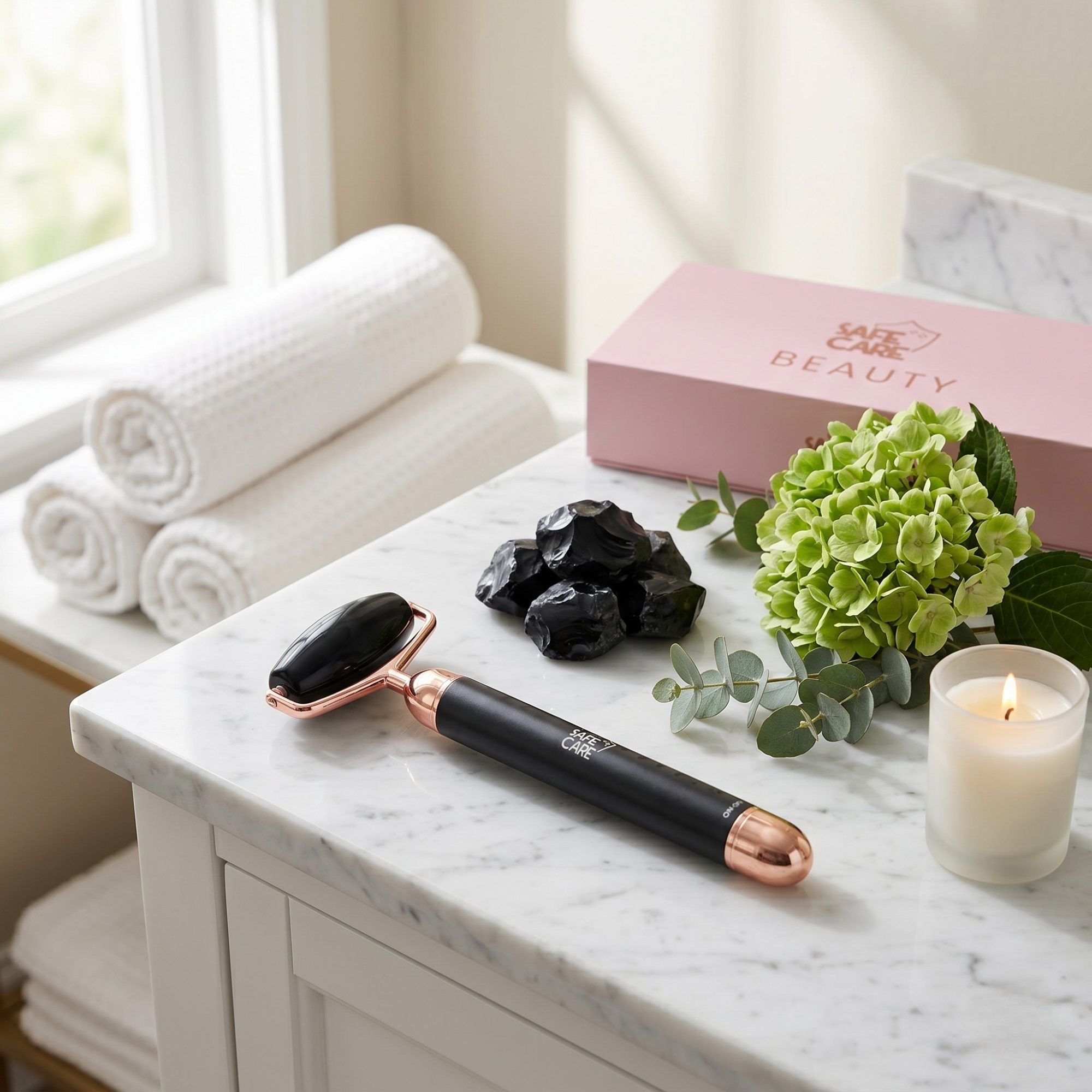 Roller Electric de Masaj Facial cu Vibratii, din Obsidian Negru