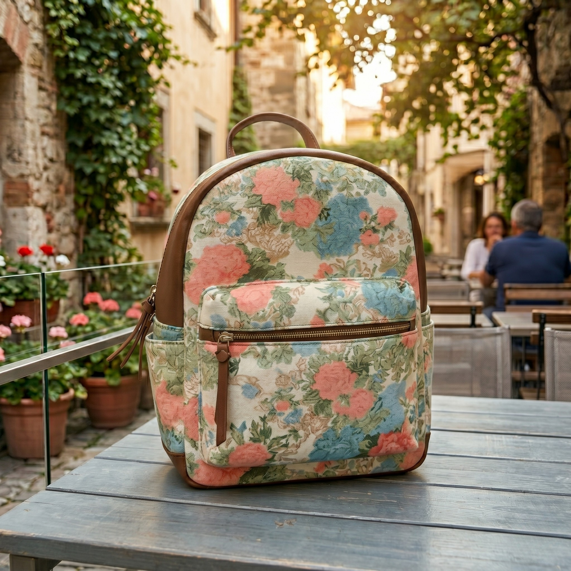 Rucsac Dama din Material Textil si Piele Ecologica, Imprimeu Spring Flowers