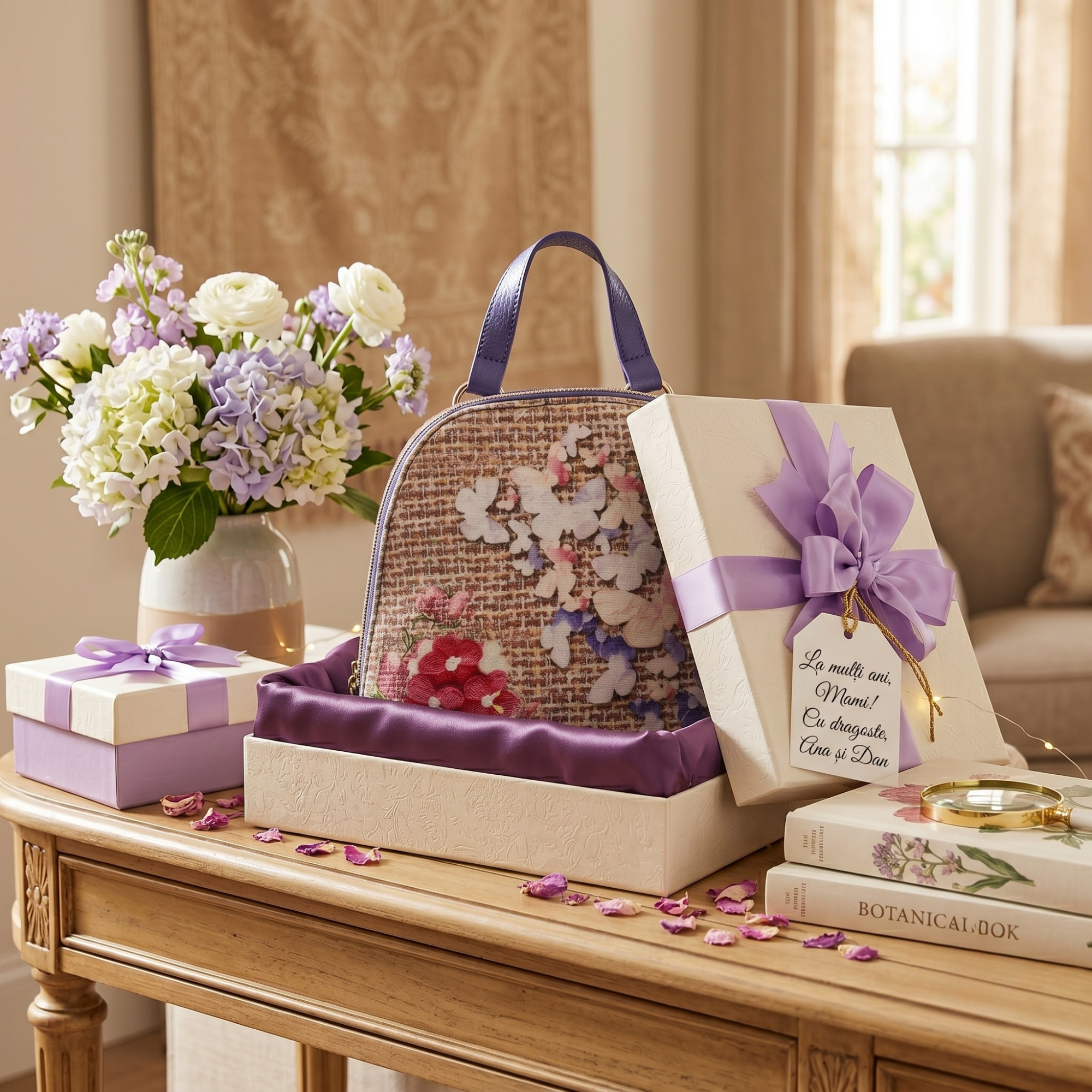 Geanta Dama de mana/umar/rucsac din Piele Ecologica si Material Textil, Imprimeu Flowers