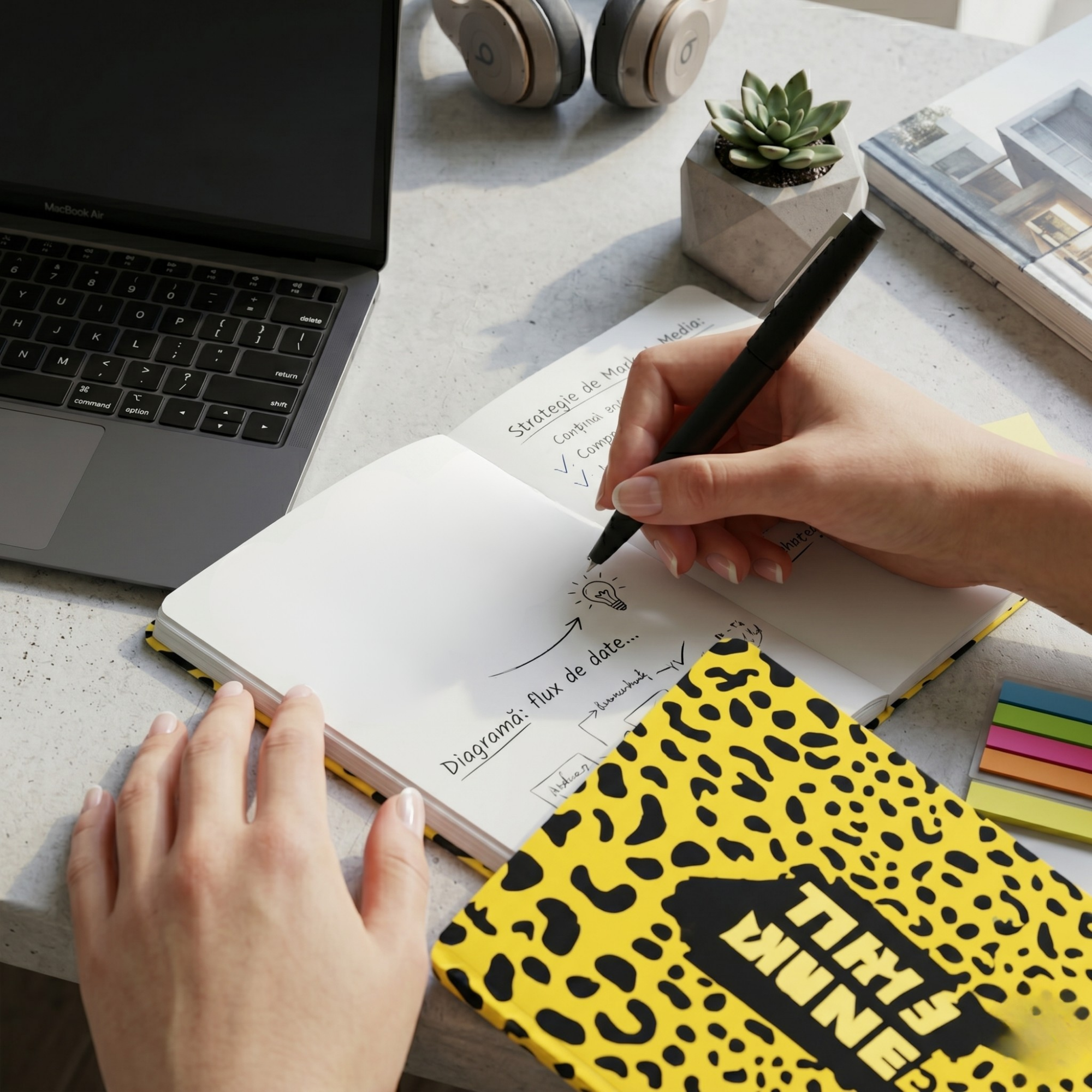 Agenda A5 nedatata cu mesaj Think Faster, motiv Leopard