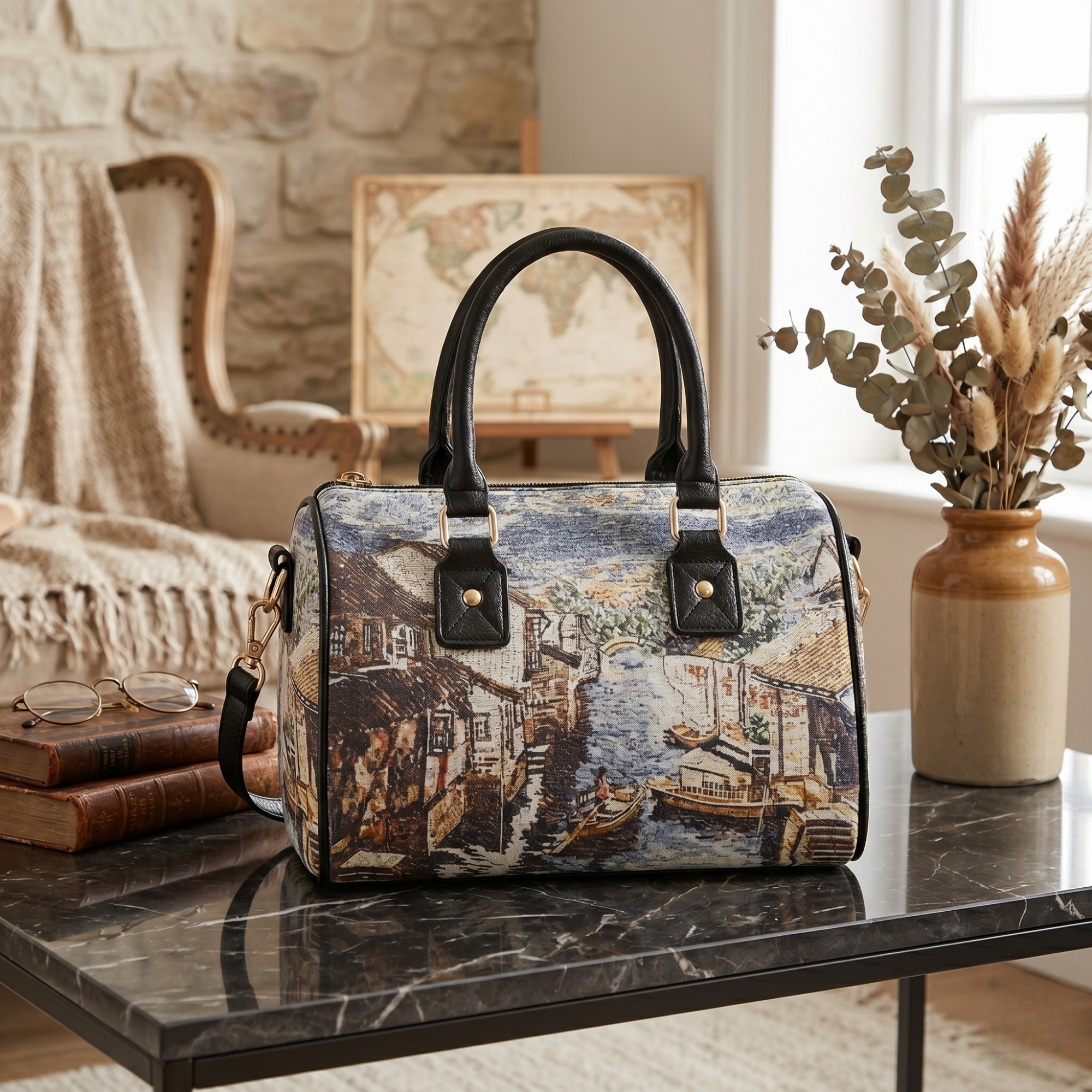 Geanta Dama de Mana/Umar din Material Textil cu Piele Ecologica, Model Venice