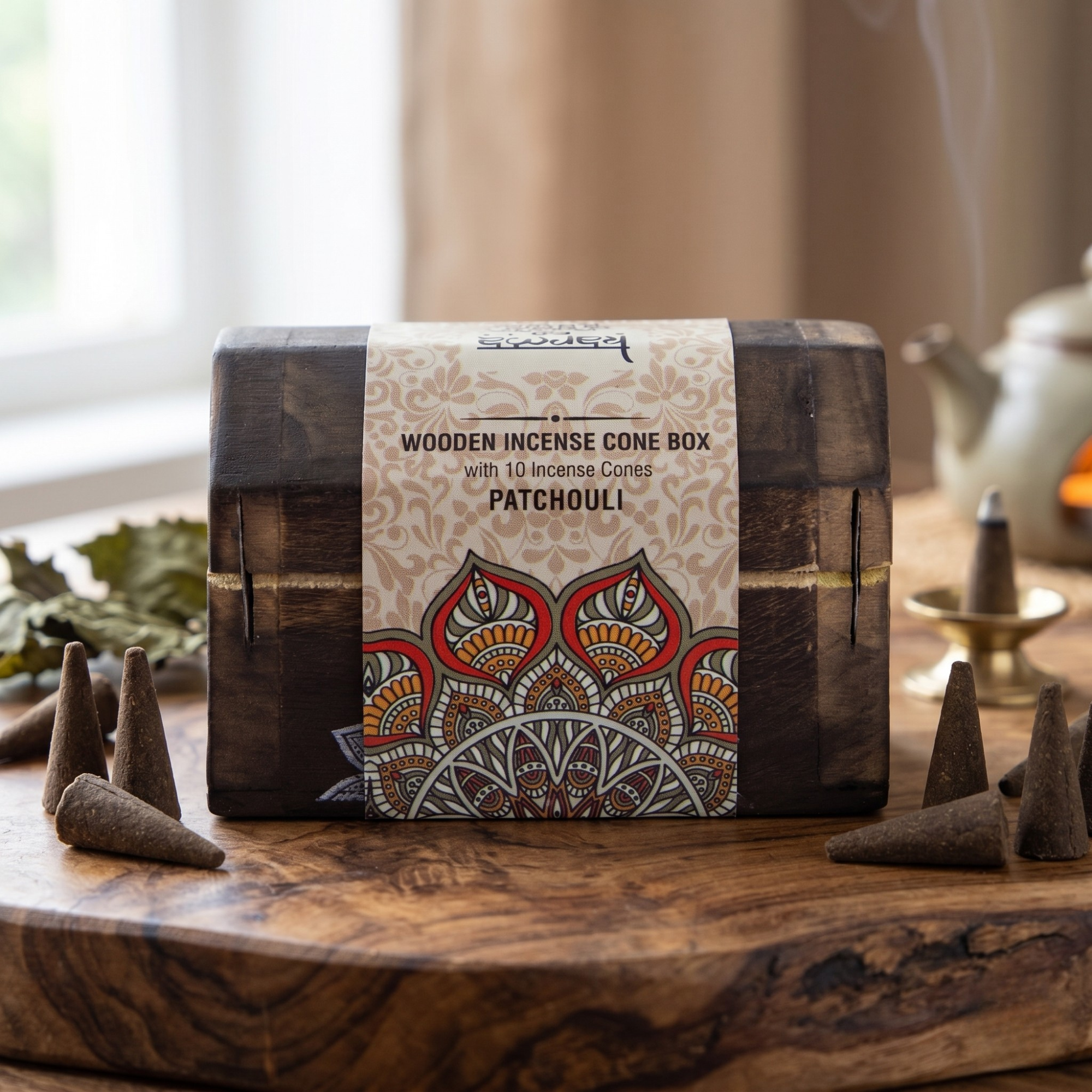 Set Cutie de Lemn cu 10 Conuri Parfumate și Suport, Patchouli - Karma Scents