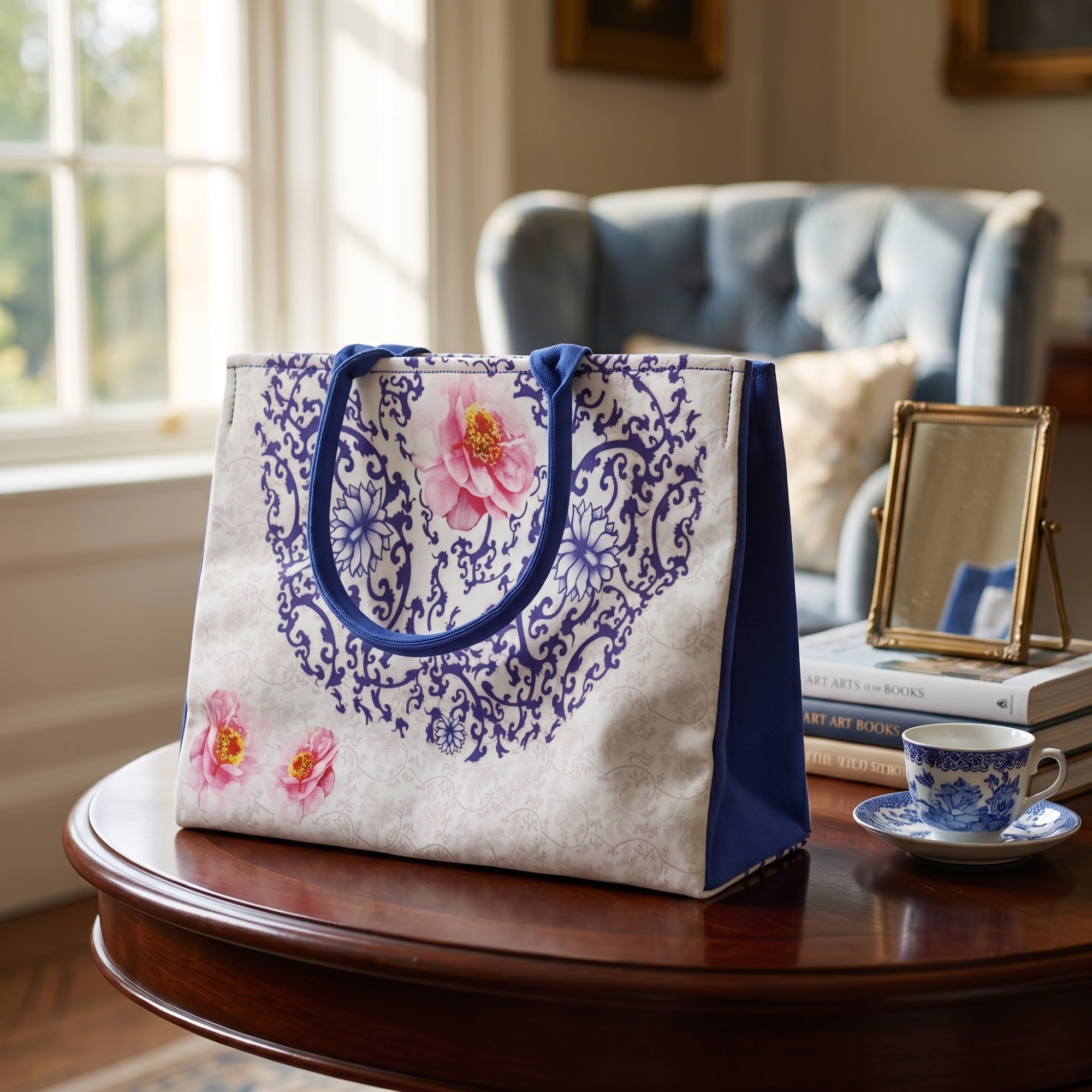 Geanta Dama Shopper de Mana din Material Textil, Model Blue Flower