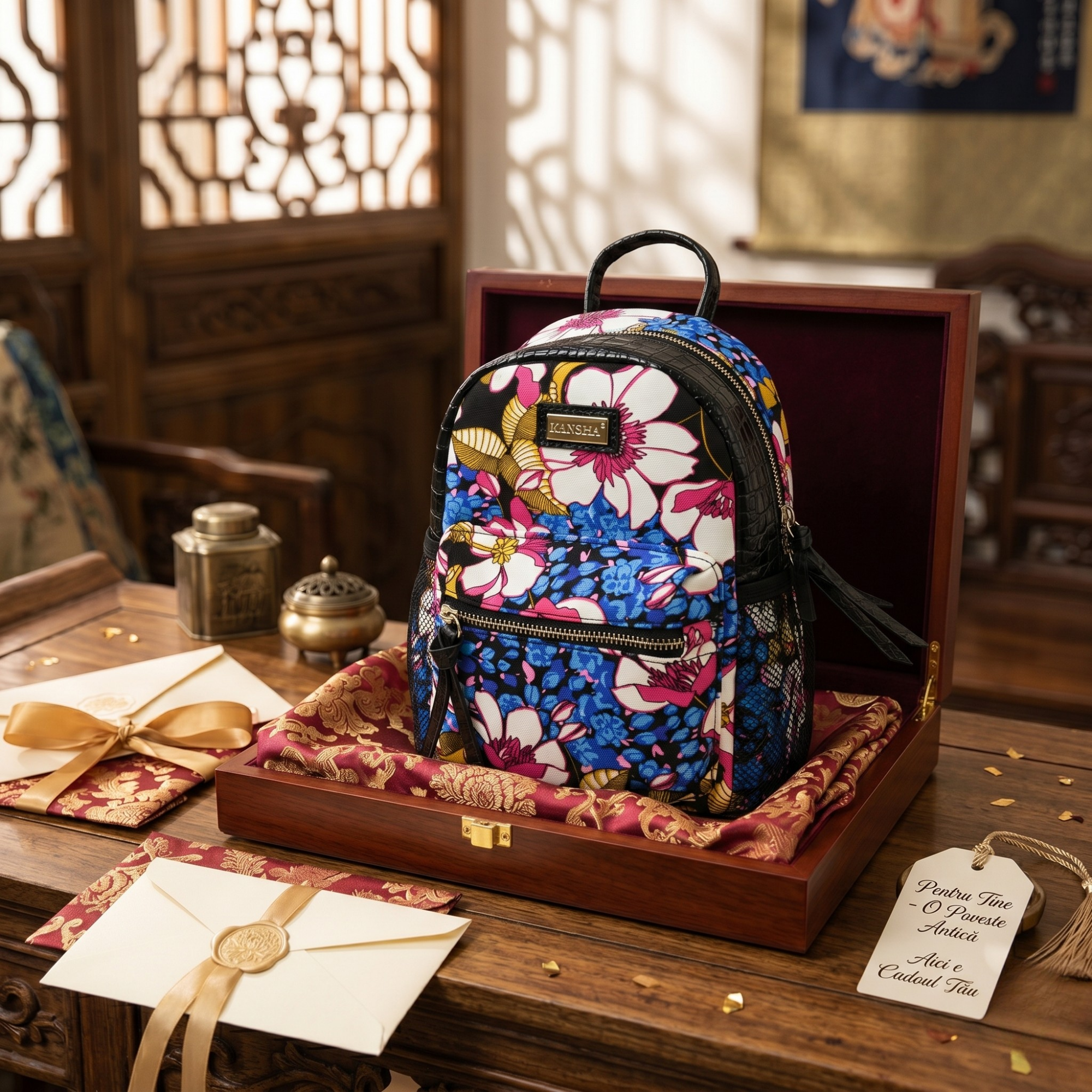 Rucsac de Dama din Material Textil si Piele Ecologica, Print Purple Flowers