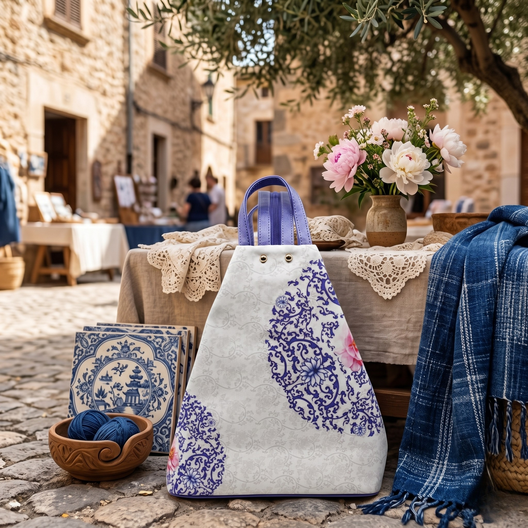 Geanta Dama de Mana/Umar/Rucsac din Piele Ecologica si Material Textil, Model Blue Flower