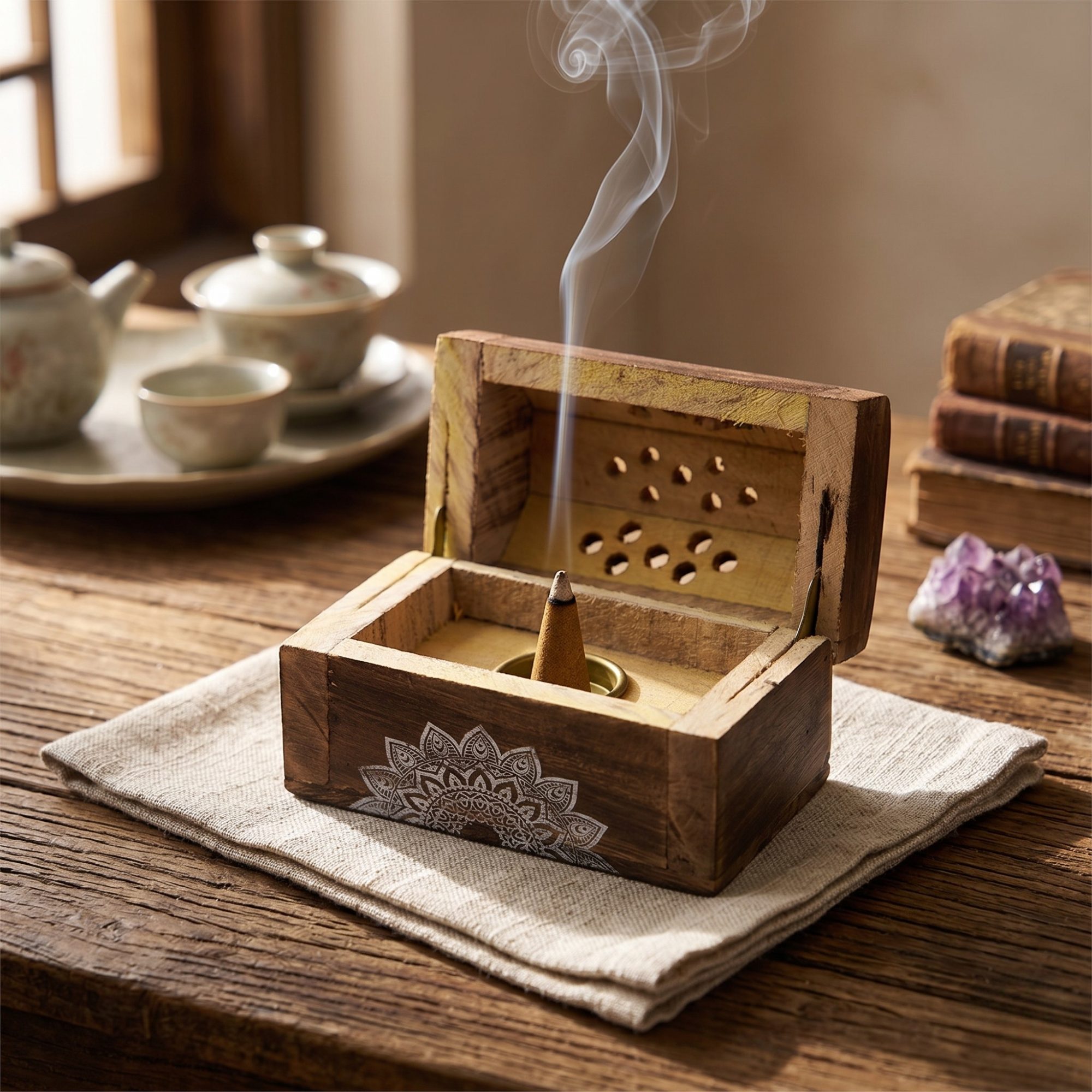 Set Cutie de Lemn cu 10 Conuri Parfumate și Suport, Sandalwood - Karma Scents