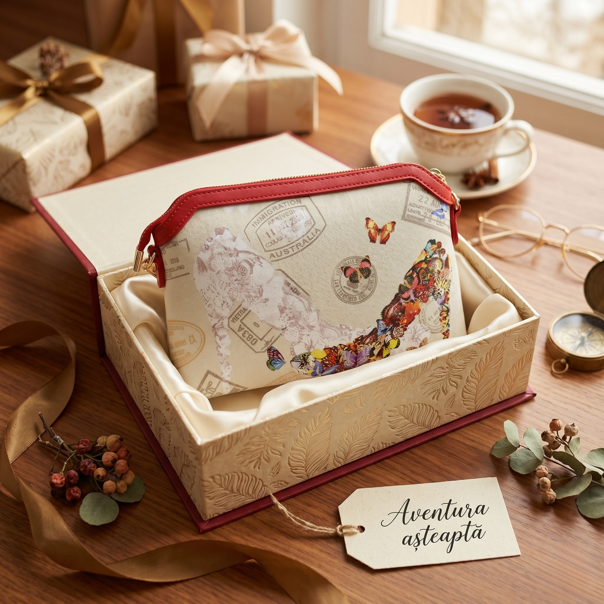 Geanta Dama de Mana din Material Textil si Piele Ecologica, Model Butterfly