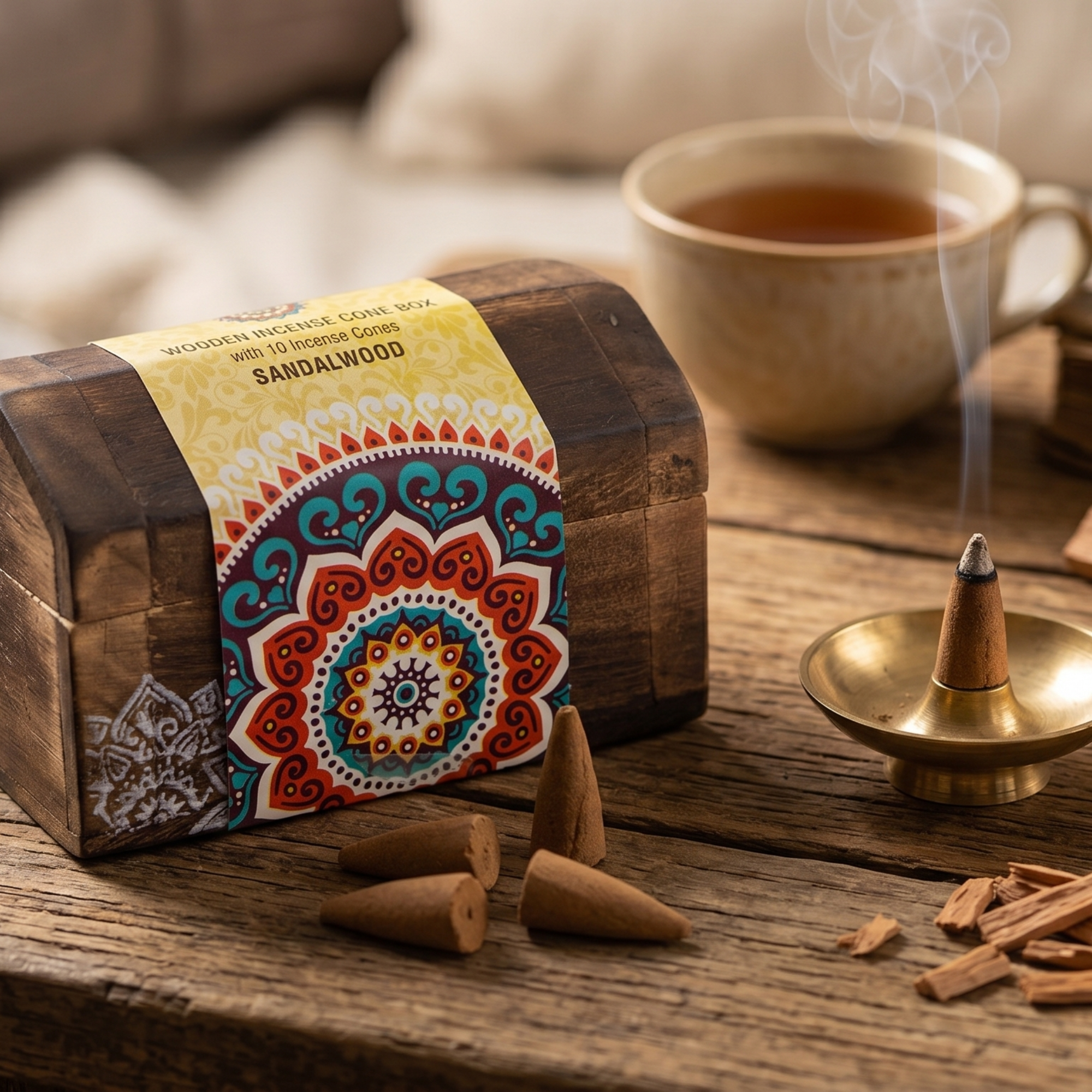 Set Cutie de Lemn cu 10 Conuri Parfumate și Suport, Sandalwood - Karma Scents