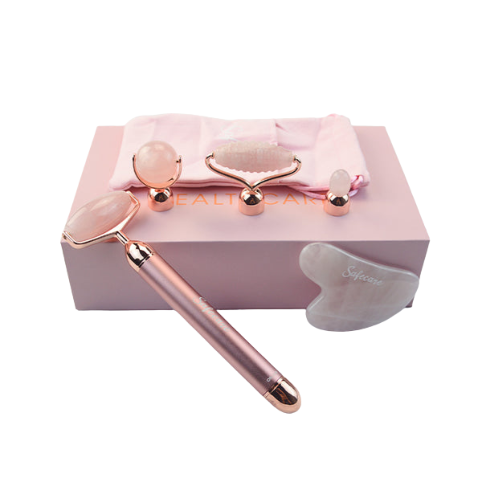 Set cu Dispozitiv Electric cu Vibratii pentru Masaj Facial si Accesorii din Cuart Roz