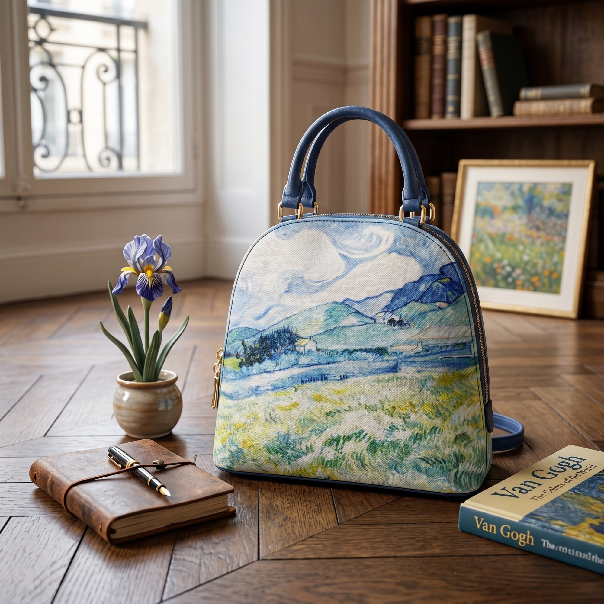 Geanta Dama de Mana/Umar/Rucsac din Piele Ecologica cu Material Textil, Model Van Gogh