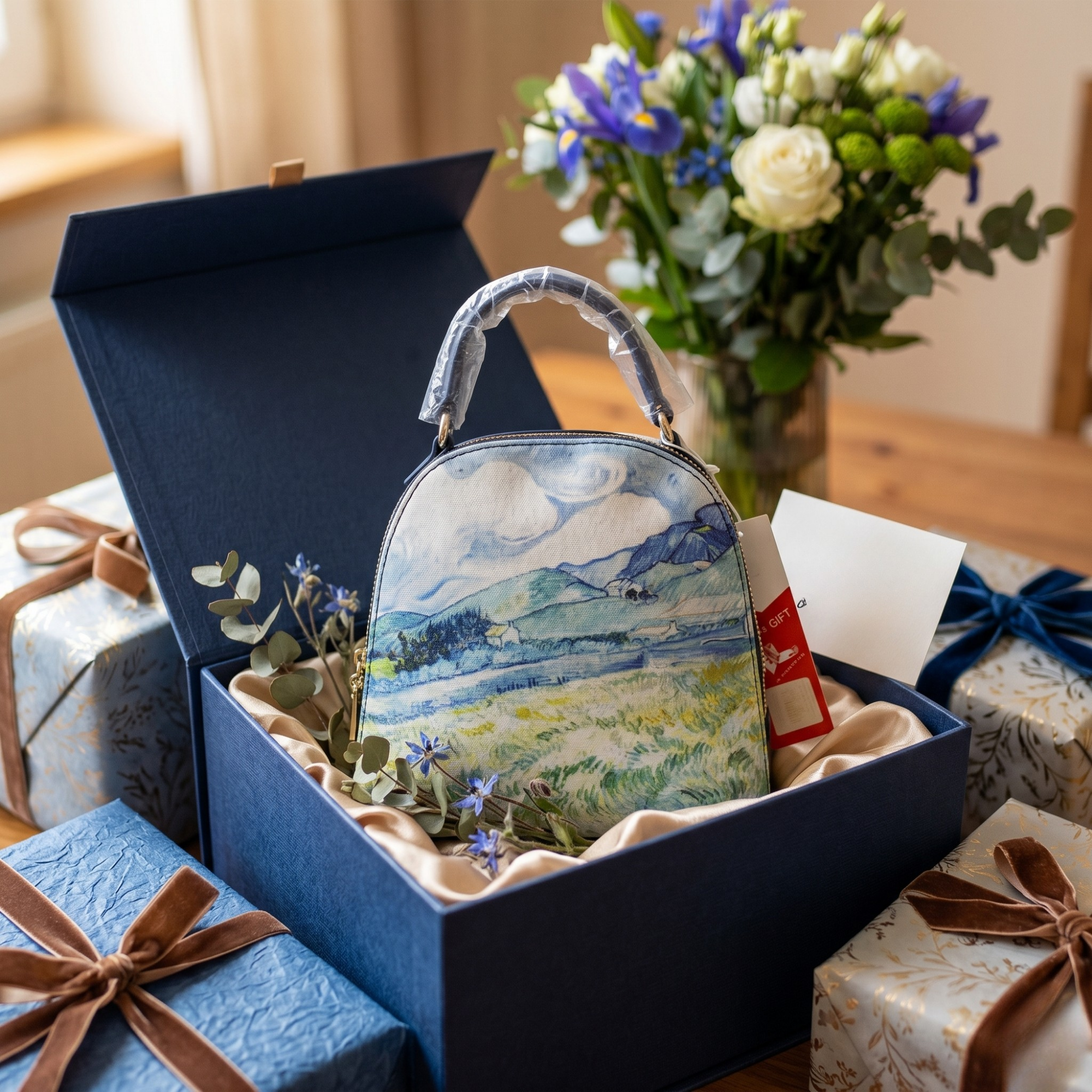Geanta Dama de Mana/Umar/Rucsac din Piele Ecologica cu Material Textil, Model Van Gogh
