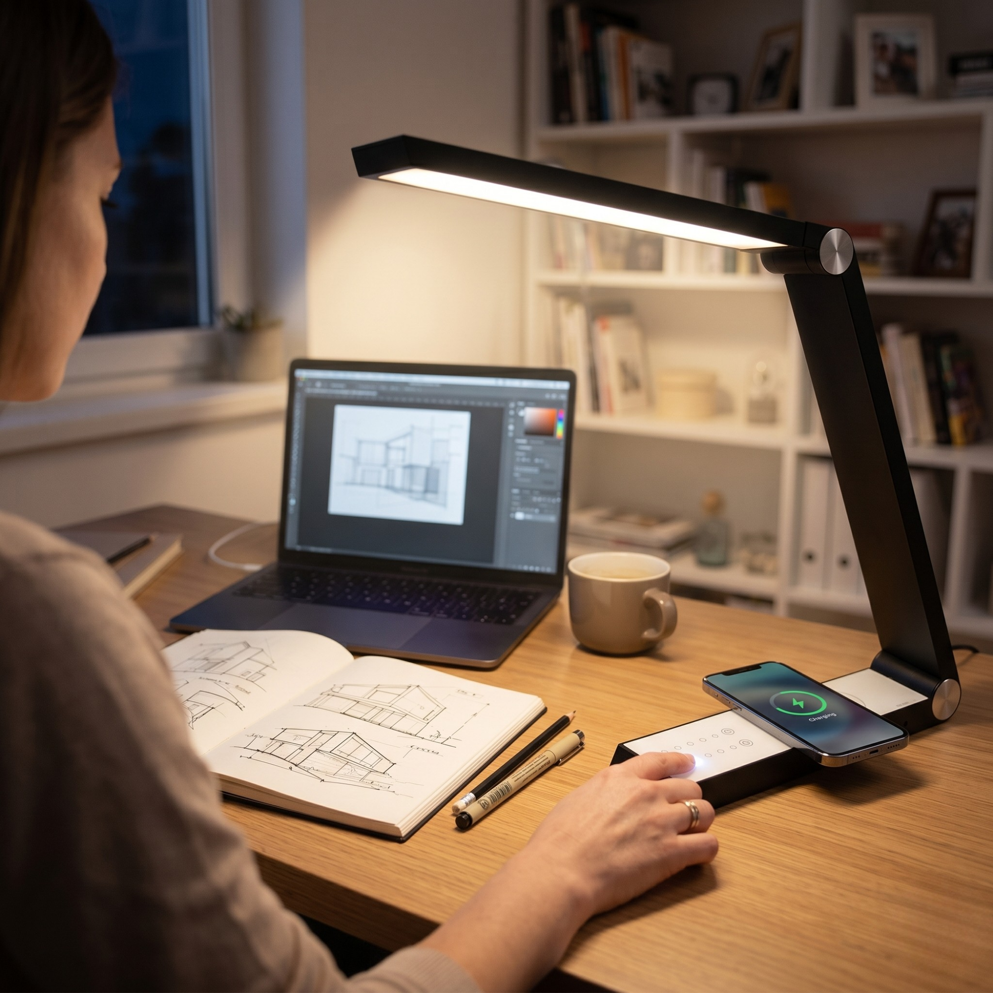 Lampa LED de Birou, Incarcare Wireless Smartphone, Panou Touch cu 5 Niveluri de Selectare a Luminii si 2 Porturi USB