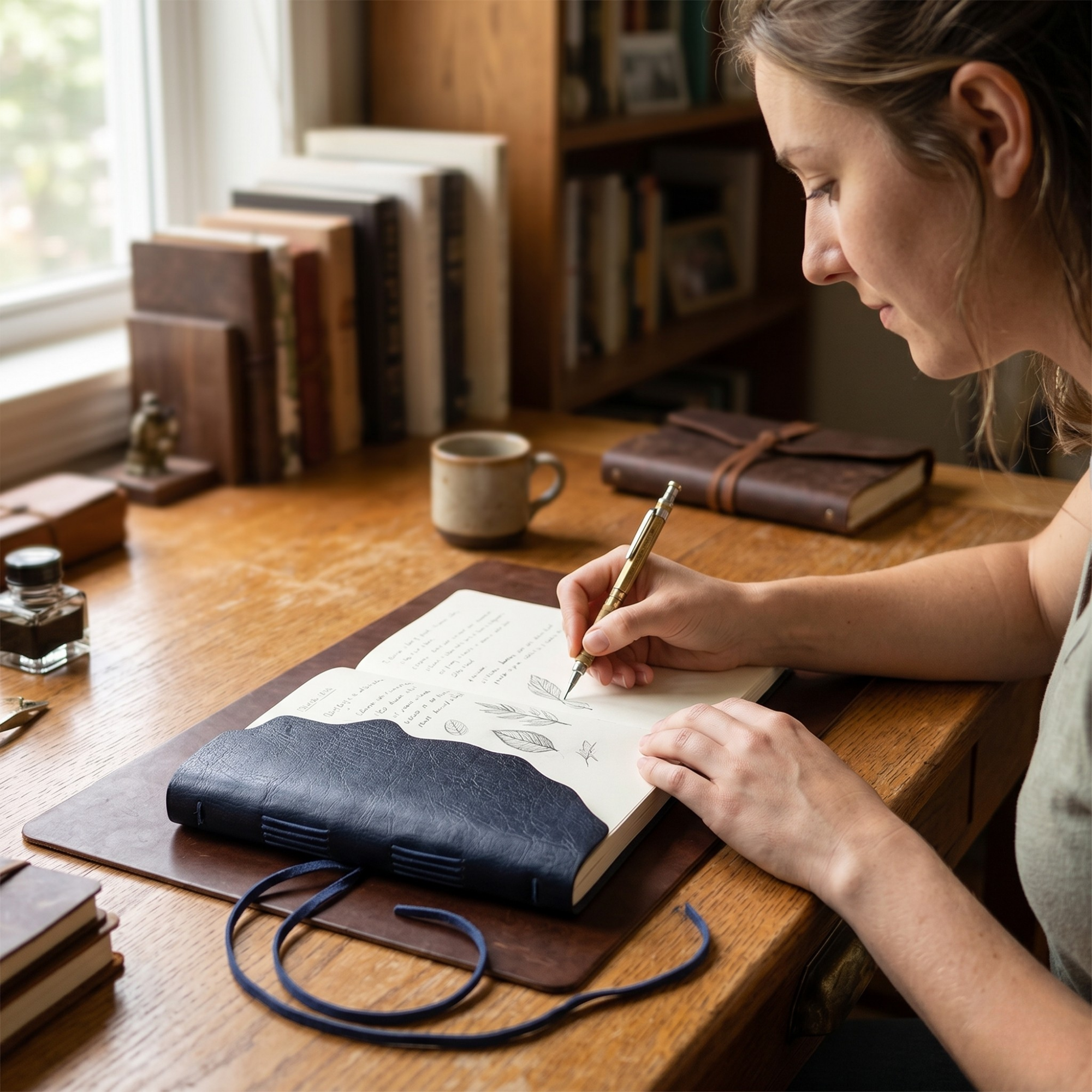Jurnal Vintage cu Coperta din Piele Ecologica Texturata si Inchidere cu Snur, Albastru