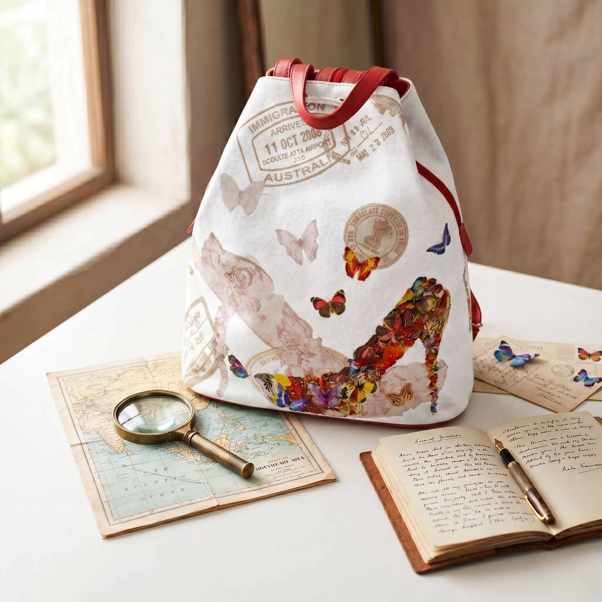 Geanta Dama de Mana/Umar/Rucsac din Piele Ecologica si Material Textil, Model Red Butterfly