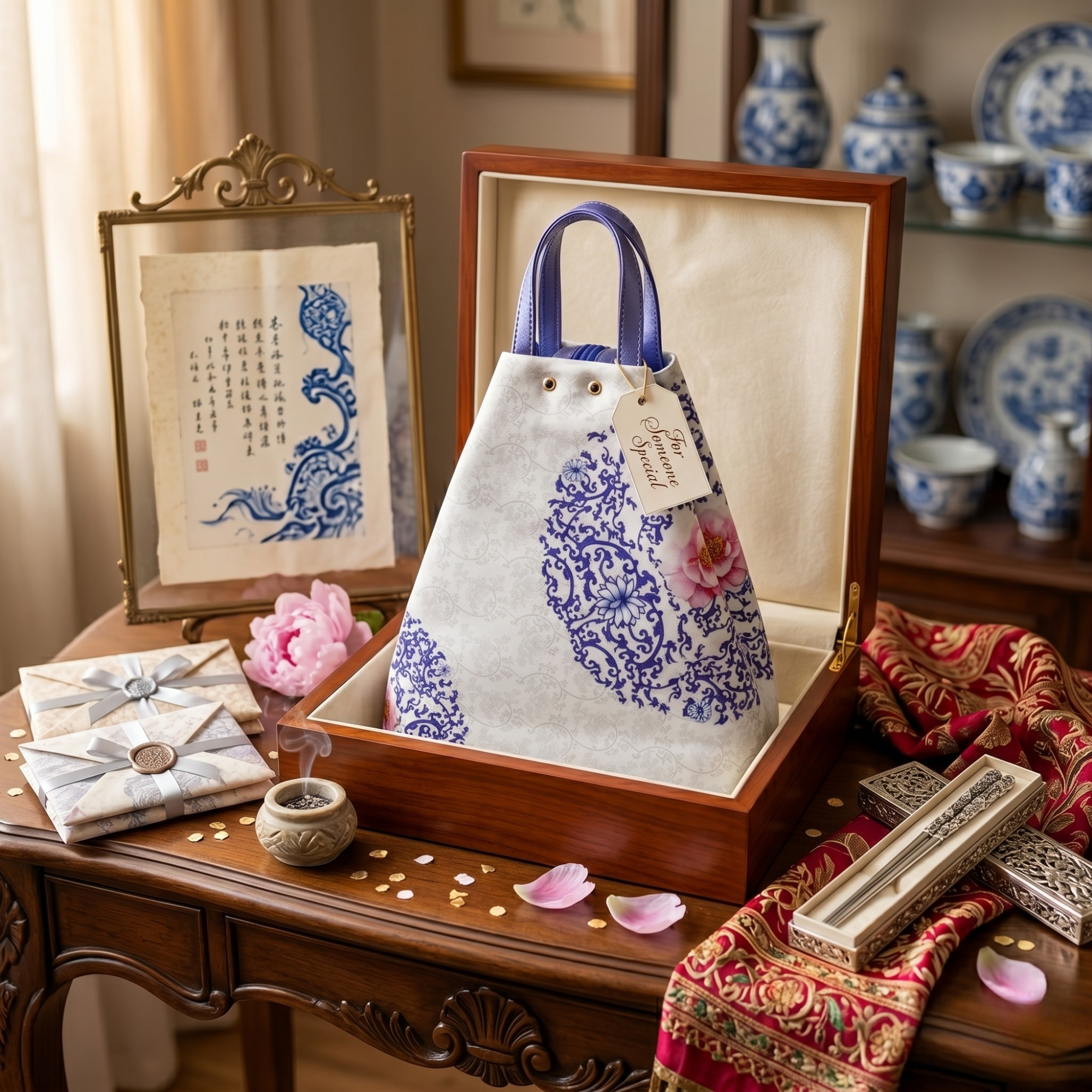 Geanta Dama de Mana/Umar/Rucsac din Piele Ecologica si Material Textil, Model Blue Flower