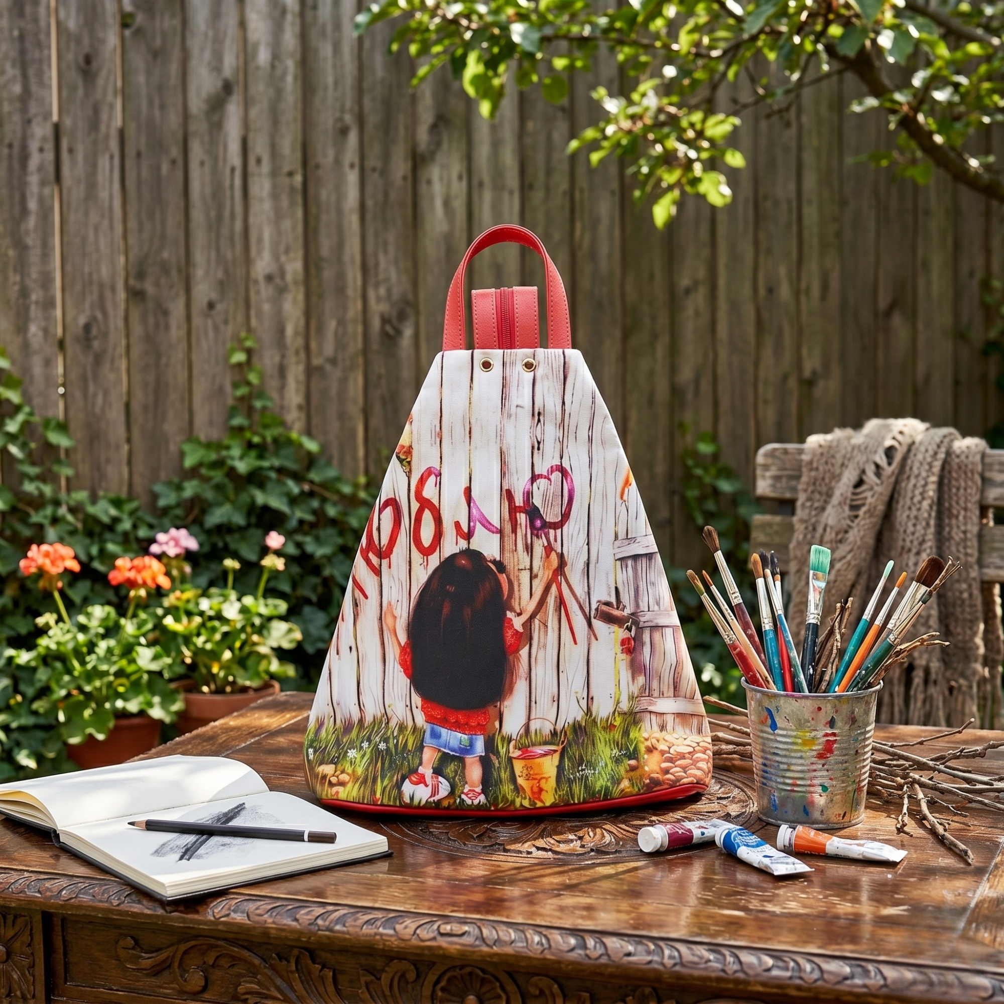 Geanta Dama de Mana/Umar/Rucsac din Piele Ecologica si Material Textil, Model Painting Girl