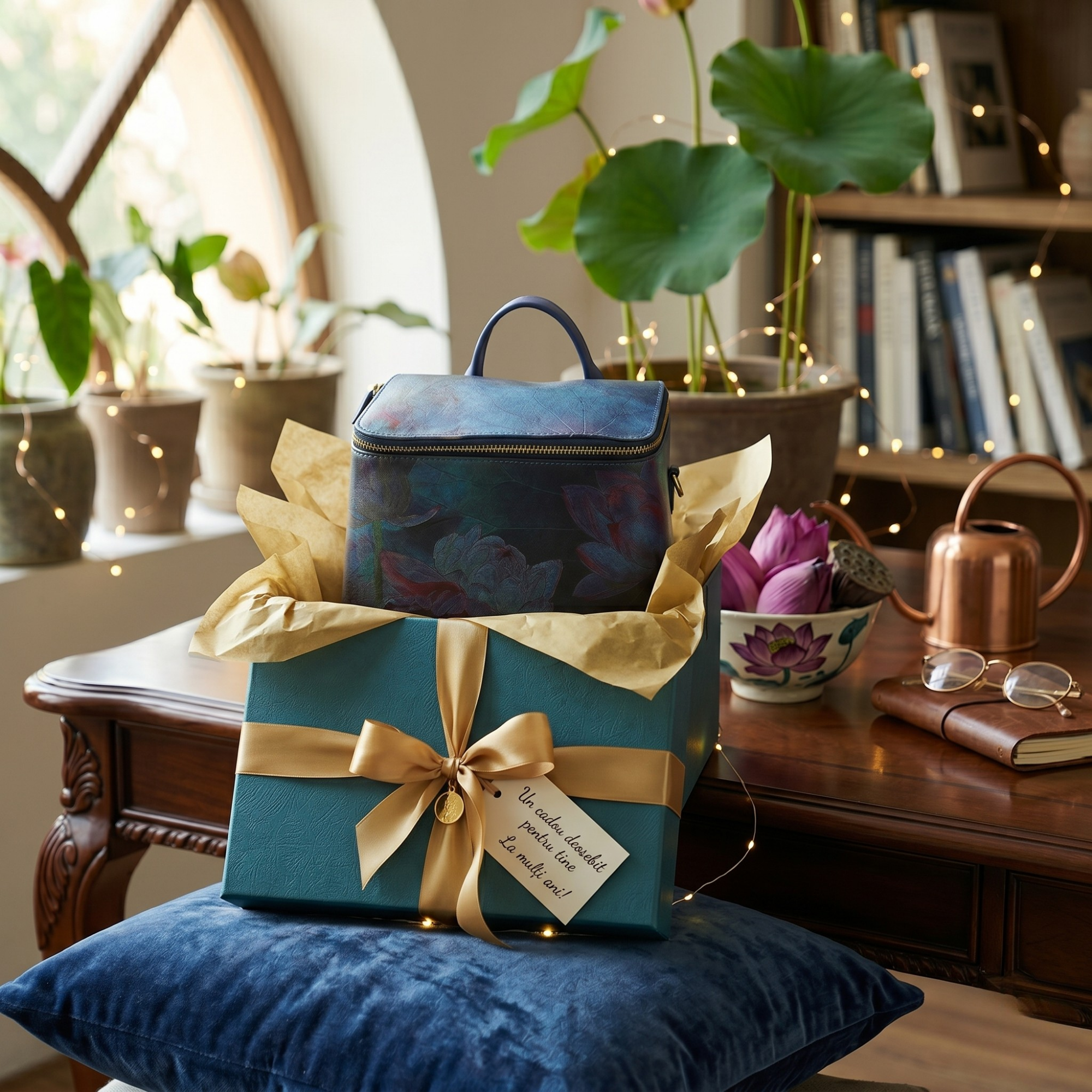 Geanta Dama de Mana/Umar/Rucsac din Piele Ecologica si Matase Naturala, model Lotus Albastra