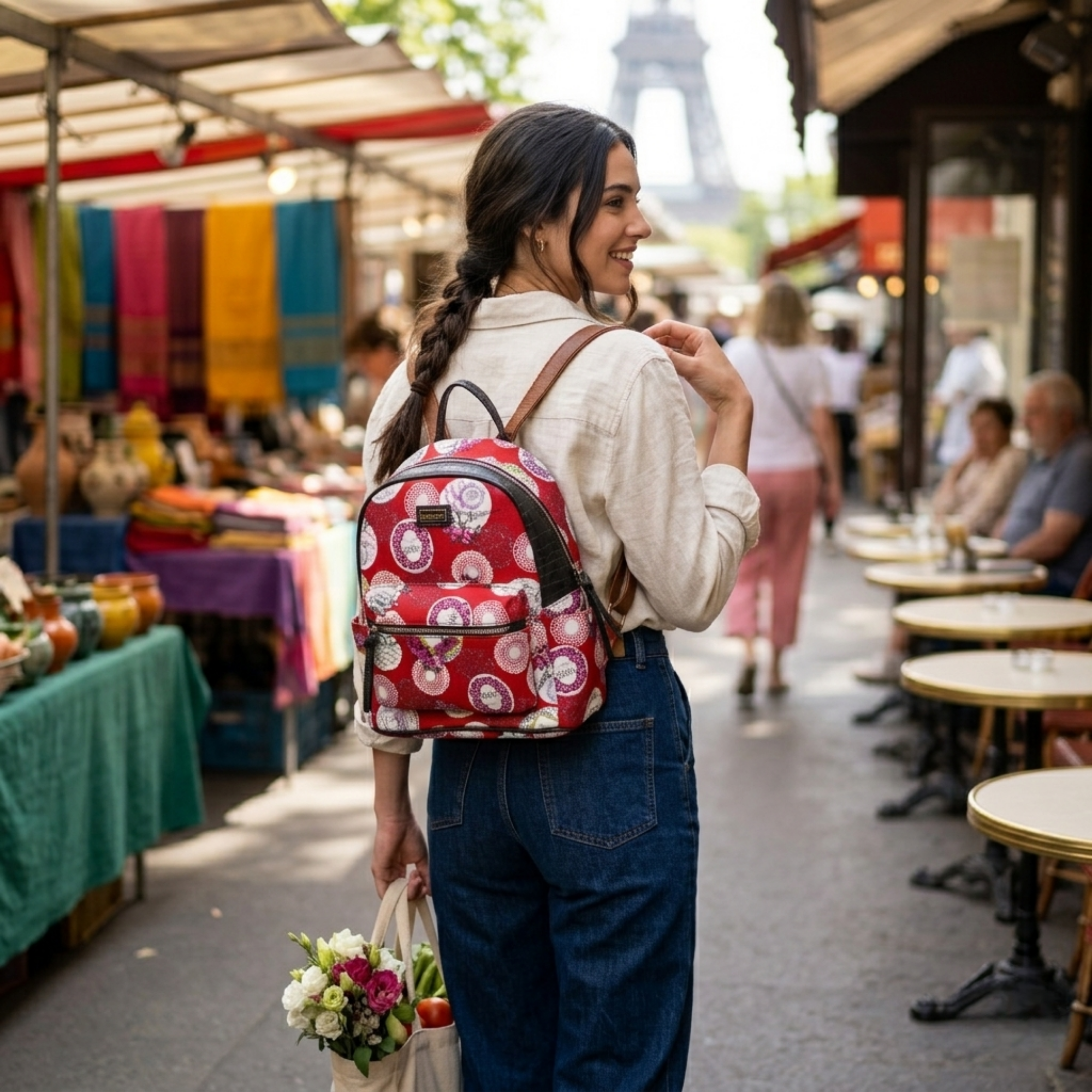Rucsac de Dama din Material Textil si Piele Ecologica, Print Red Paris