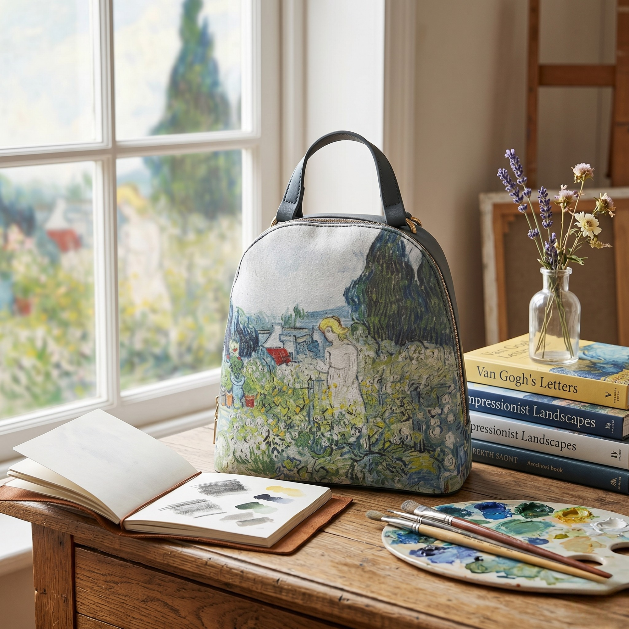 Geanta Dama de mana/umar/rucsac din Piele Ecologica si Material Textil, Imprimeu Van Gogh