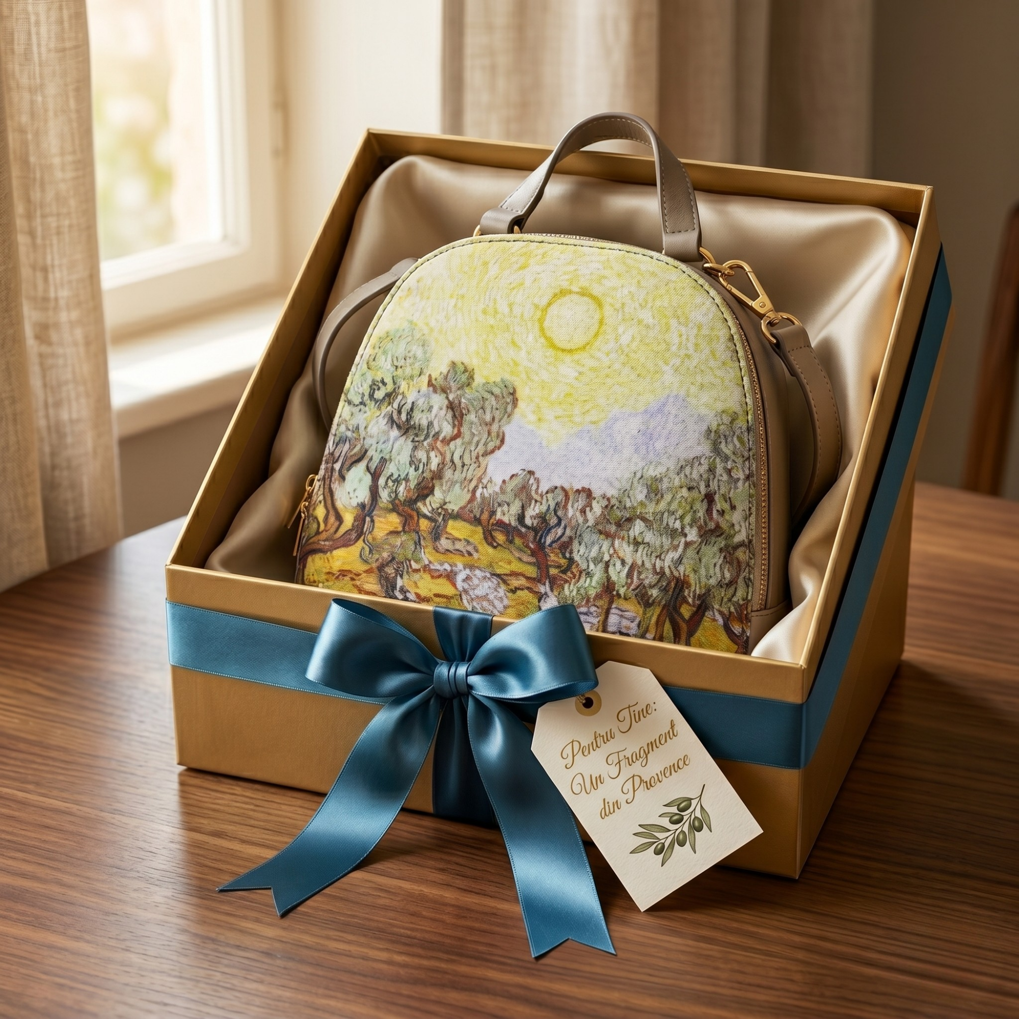 Geanta Dama de Mana/Umar/Rucsac din Piele Ecologica cu Material Textil, Model Van Gogh