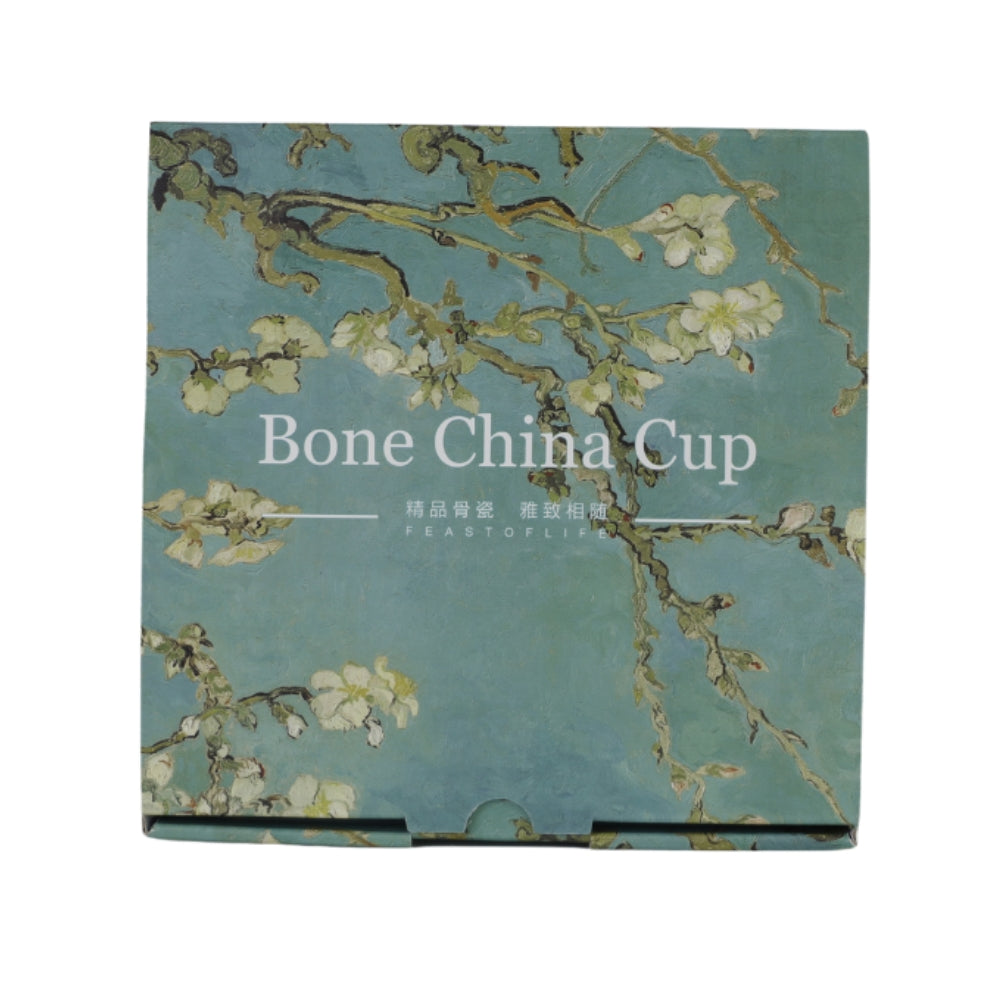 Cana din Portelan cu Farfurie Van Gogh cu Insertie de Aur, in Cutie Verde, cu imprimeu Almond Blossom