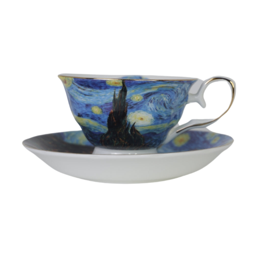 Cana din Portelan cu Farfurie Van Gogh cu Insertie de Aur, in Cutie Verde, cu imprimeu Starry Night