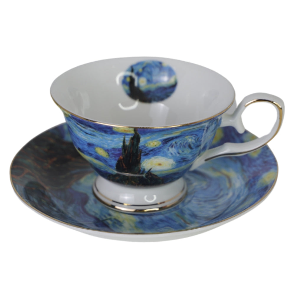 Cana din Portelan cu Farfurie Van Gogh cu Insertie de Aur, in Cutie Verde, cu imprimeu Starry Night