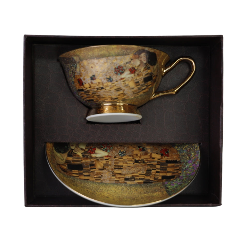 Cana din Portelan cu Farfurie Gustav Klimt cu Insertie de Aur, in Cutie Maronie, cu imprimeu The Kiss