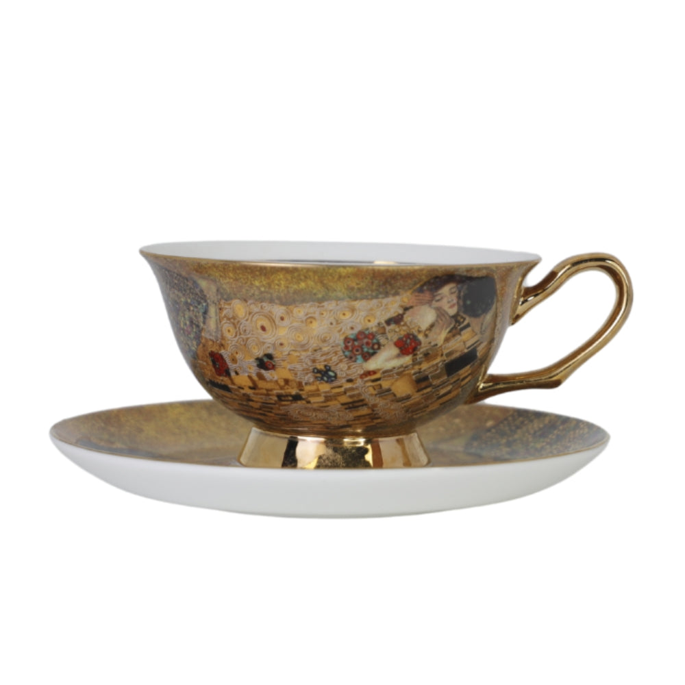 Cana din Portelan cu Farfurie Gustav Klimt cu Insertie de Aur, in Cutie Maronie, cu imprimeu The Kiss