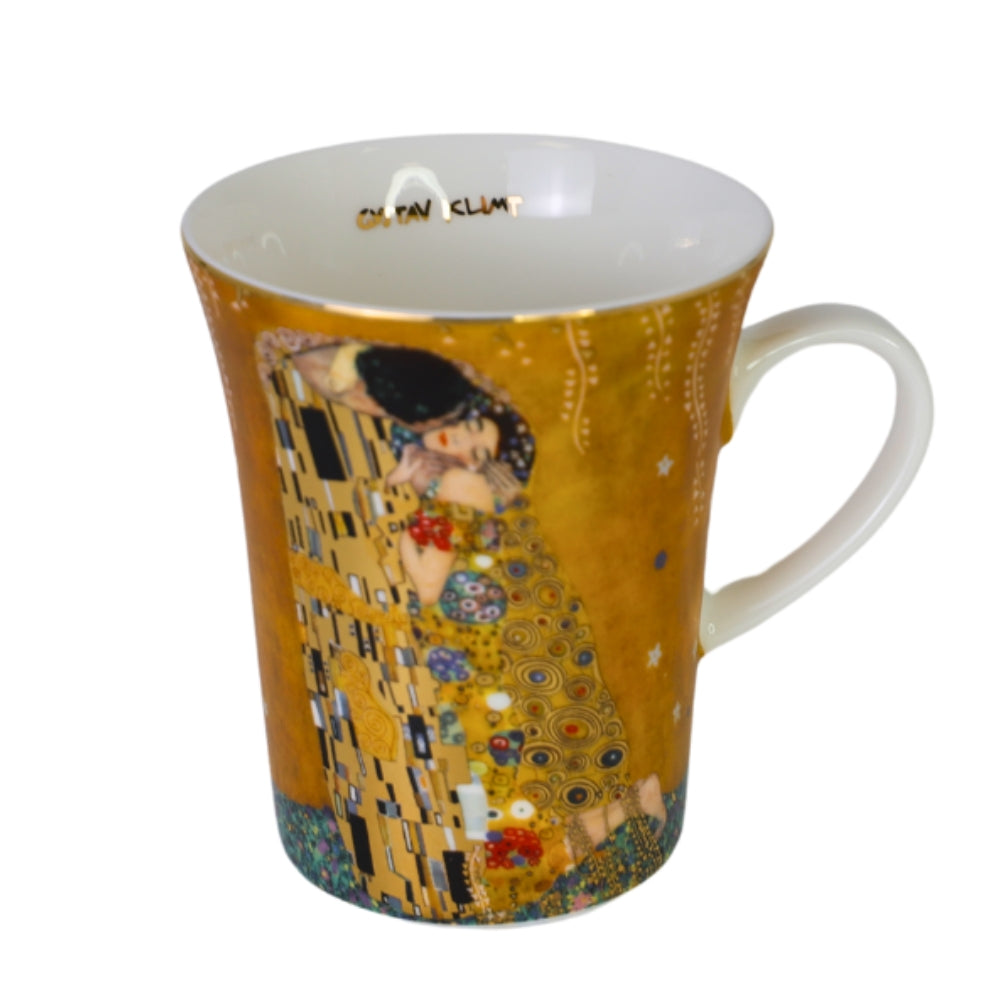 Cana din Portelan Gustav Klimt cu Insertie de Aur, in Cutie Portocalie, cu imprimeu The Kiss