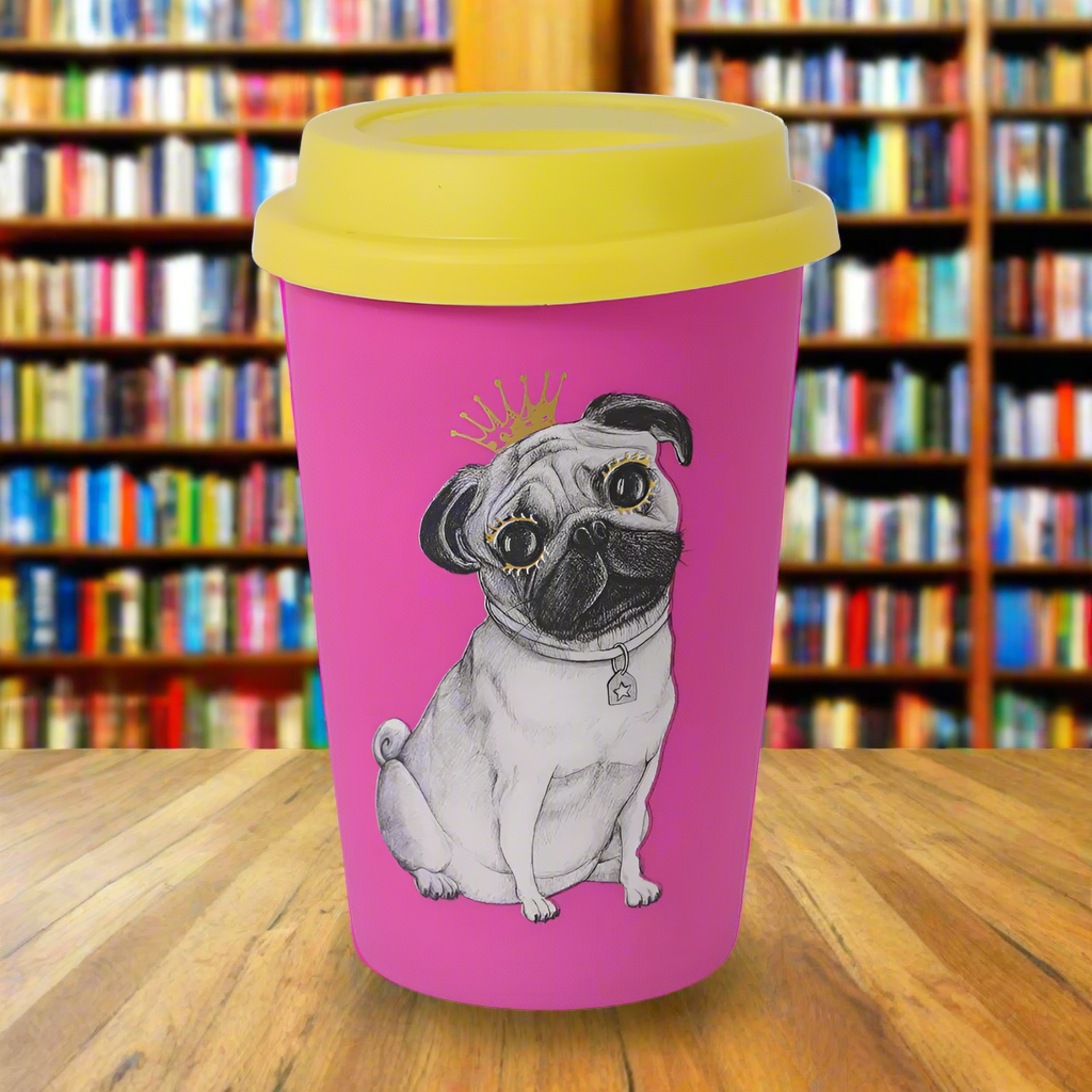 Pahar Cu Capac Detasabil Cu Imprimeu "Caine Pug cu Coroana"