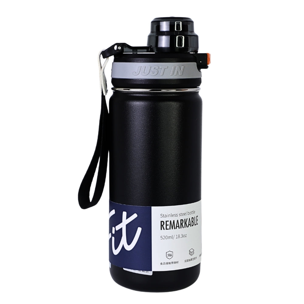 Sticla Termos din Inox cu Capac Flip-top si Pai, 520 ml, Mesaj FIT, Negru
