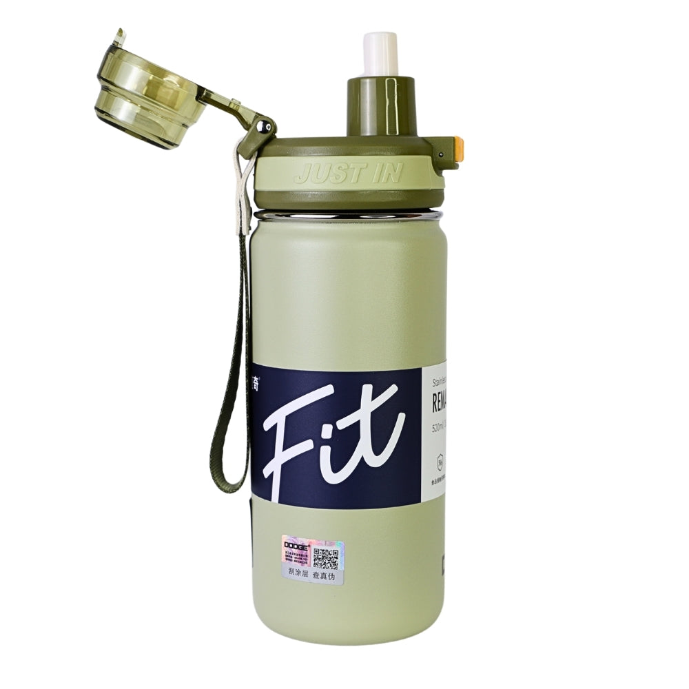 Sticla Termos din Inox cu Capac Flip-top si Pai, 520 ml, Mesaj FIT, Verde Oliv