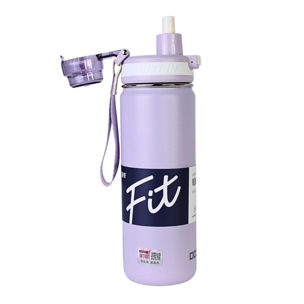 Sticla Termos din Inox cu Capac Flip-top si Pai, 650 ml, Mesaj FIT, Violet