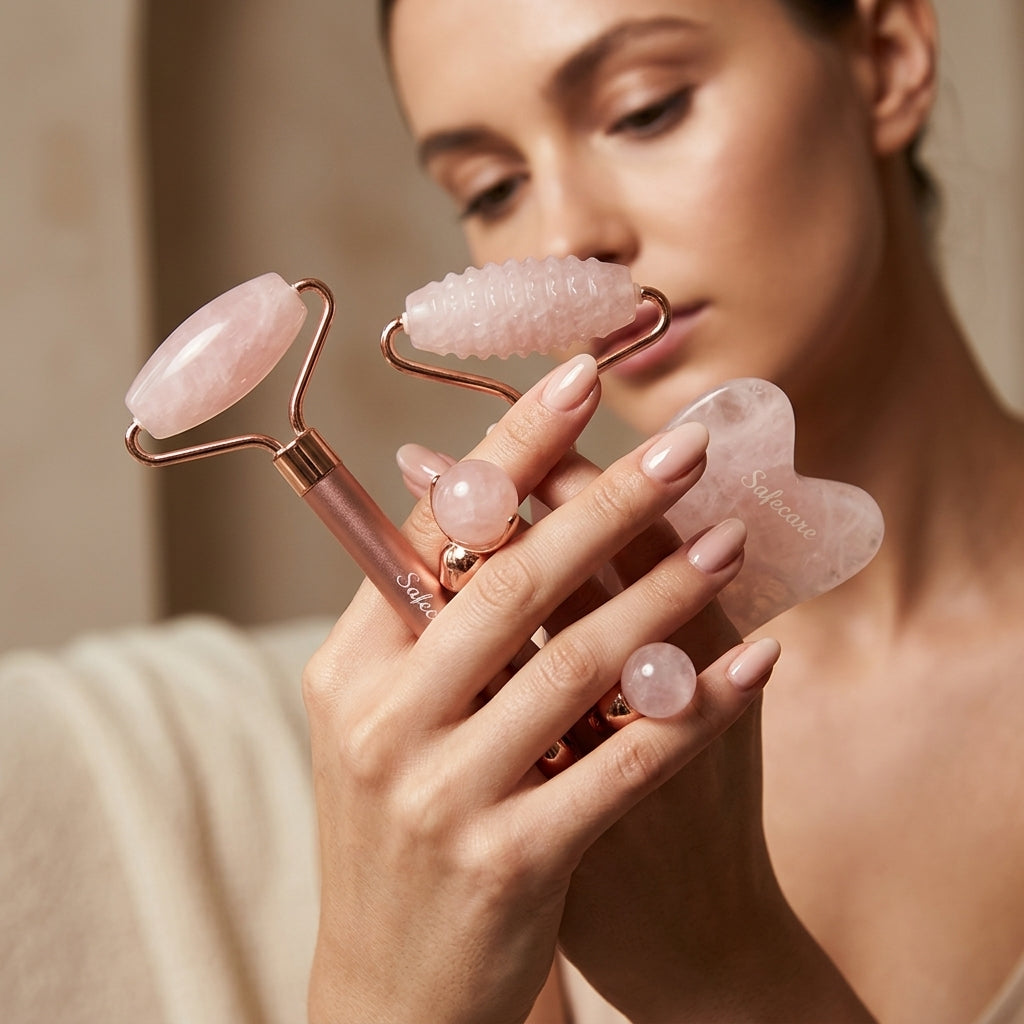 Set cu Dispozitiv Electric cu Vibratii pentru Masaj Facial si Accesorii din Cuart Roz